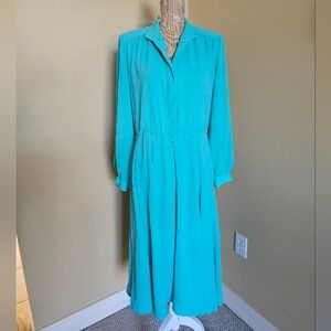 Vintage Teal Turquoise Long Sleeve Midi Dress